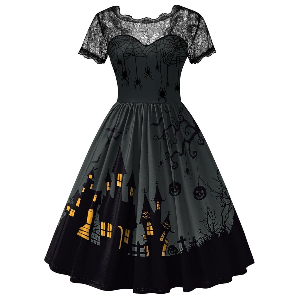 Vintage A Line Costume Dark Night Pumpkin Bat A Line Party Dress, Mid Sleeve Med